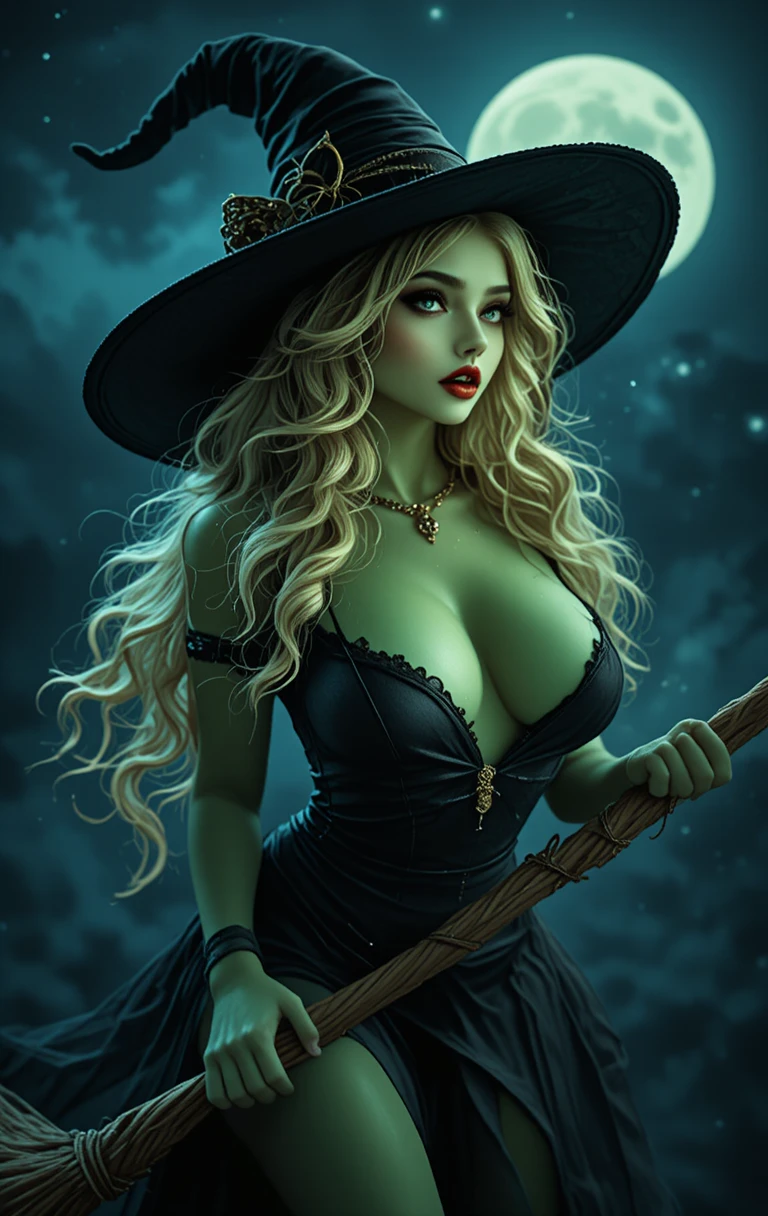 Green witch flying on a broom under the full moon