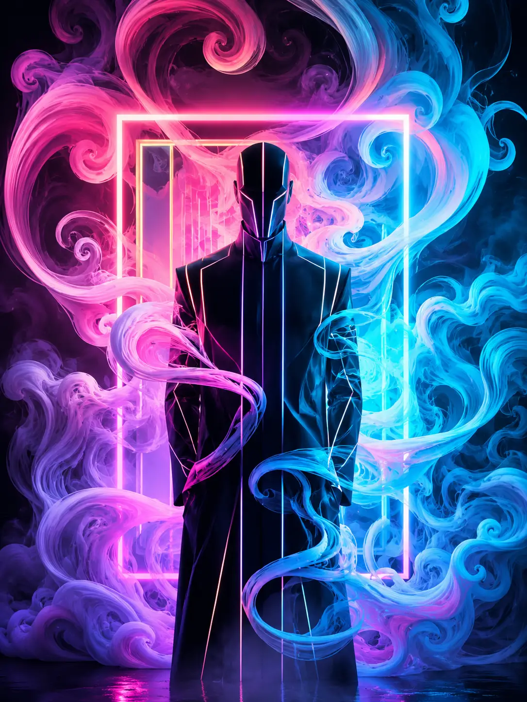 Geometric figure in a world of spiraling neon smoke
