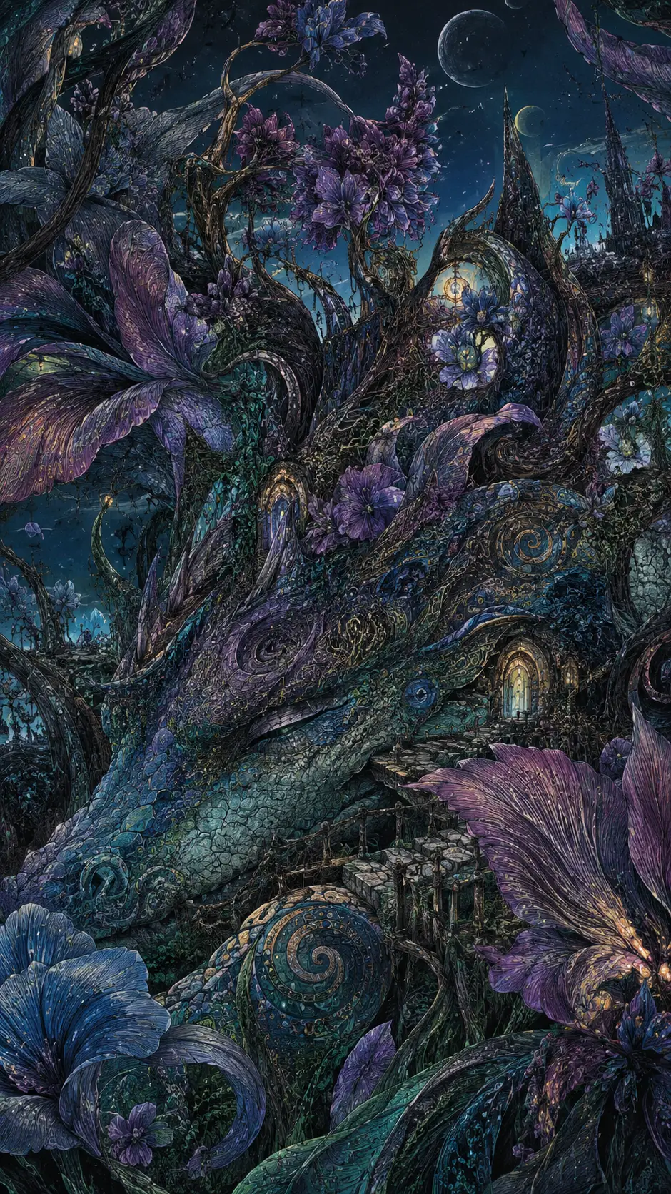 Sleeping fantasy dragon beneath an enchanted garden