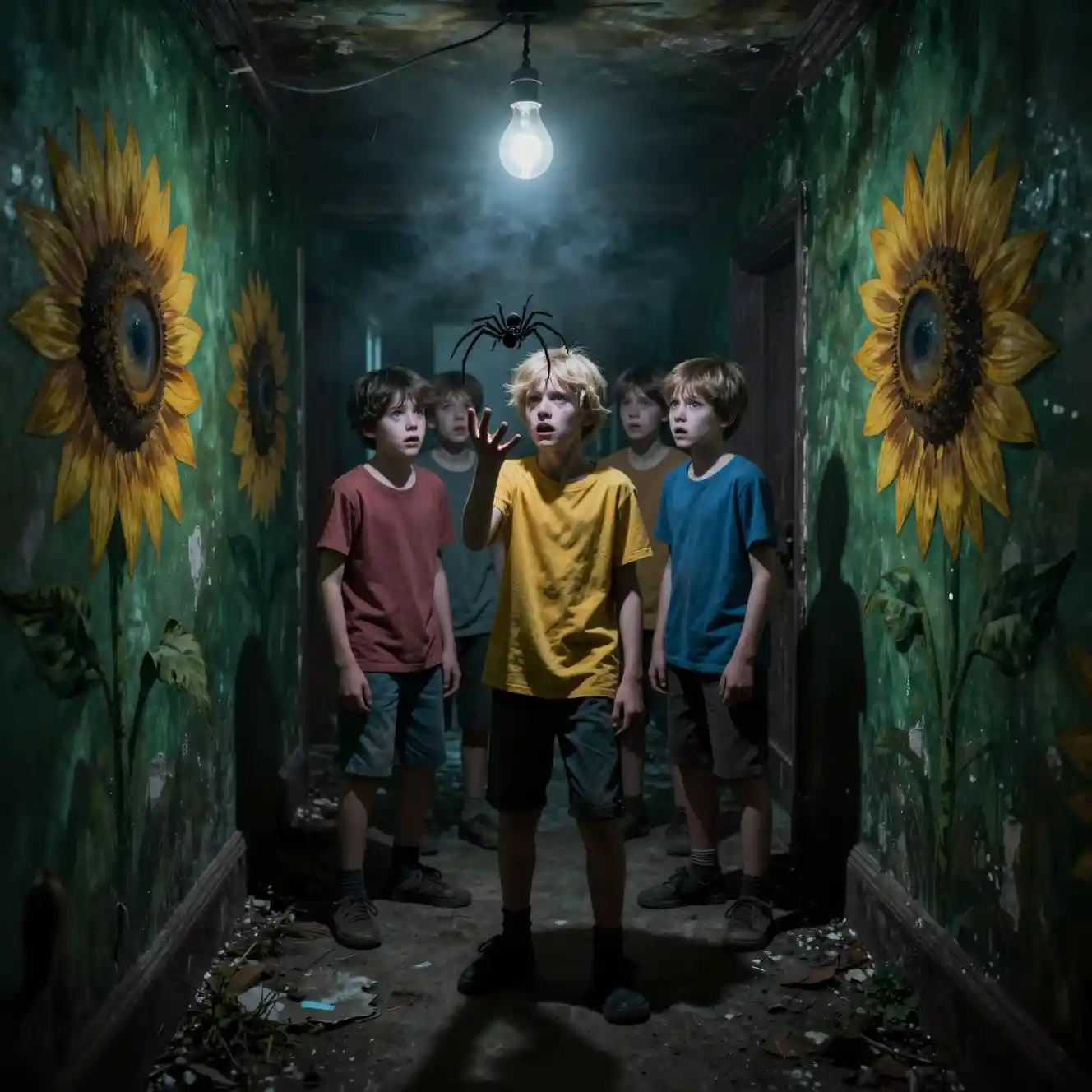Terrified boys in a narrow gothic corridor with a spider