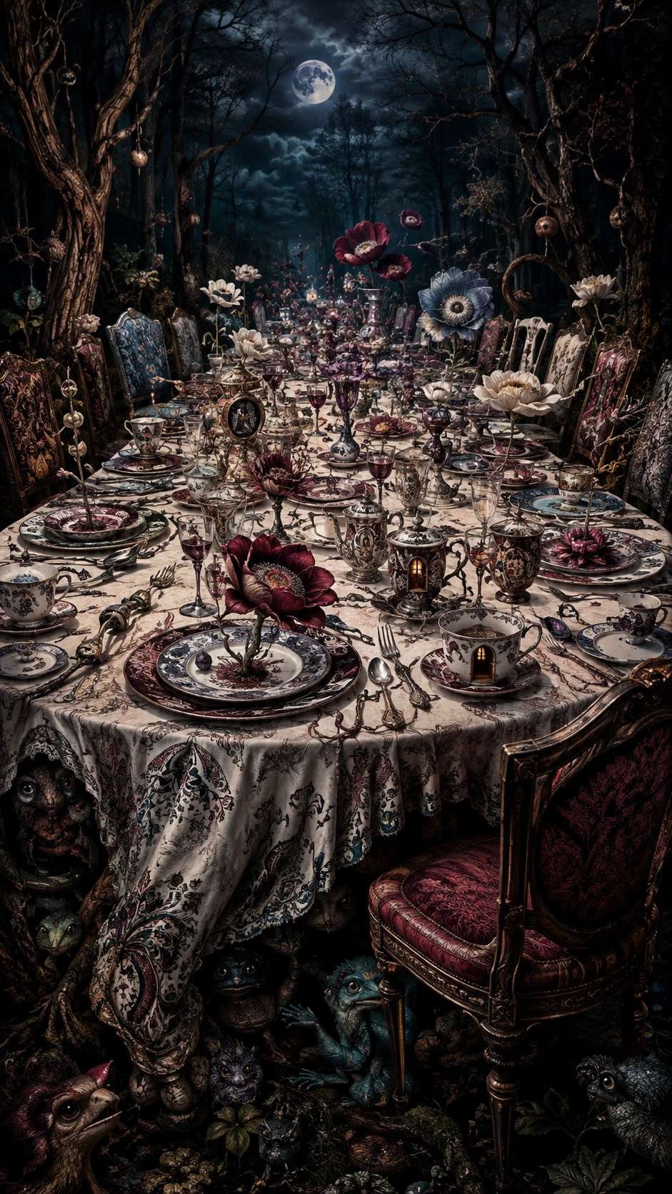 Surreal banquet table in a moonlit forest clearing