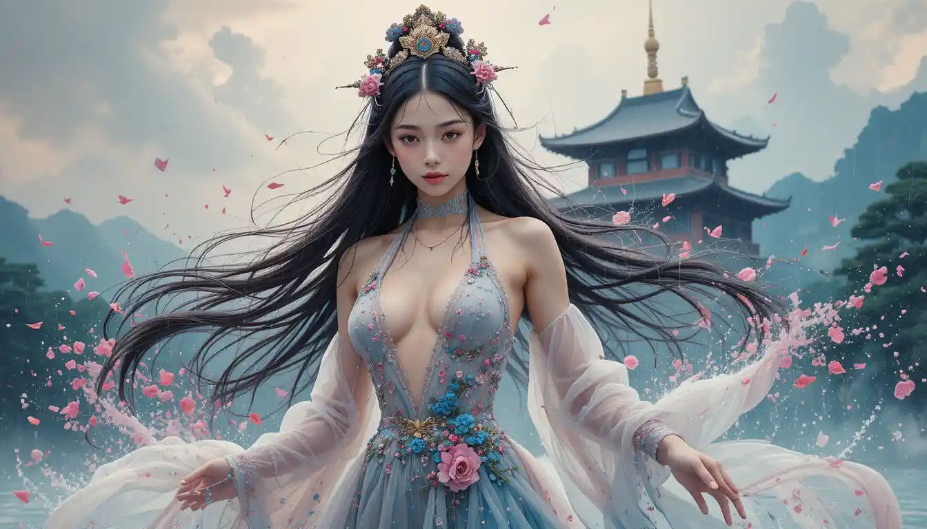 Illustrazione a inchiostro colorato di una ragazza in hanfu accanto a un palazzo