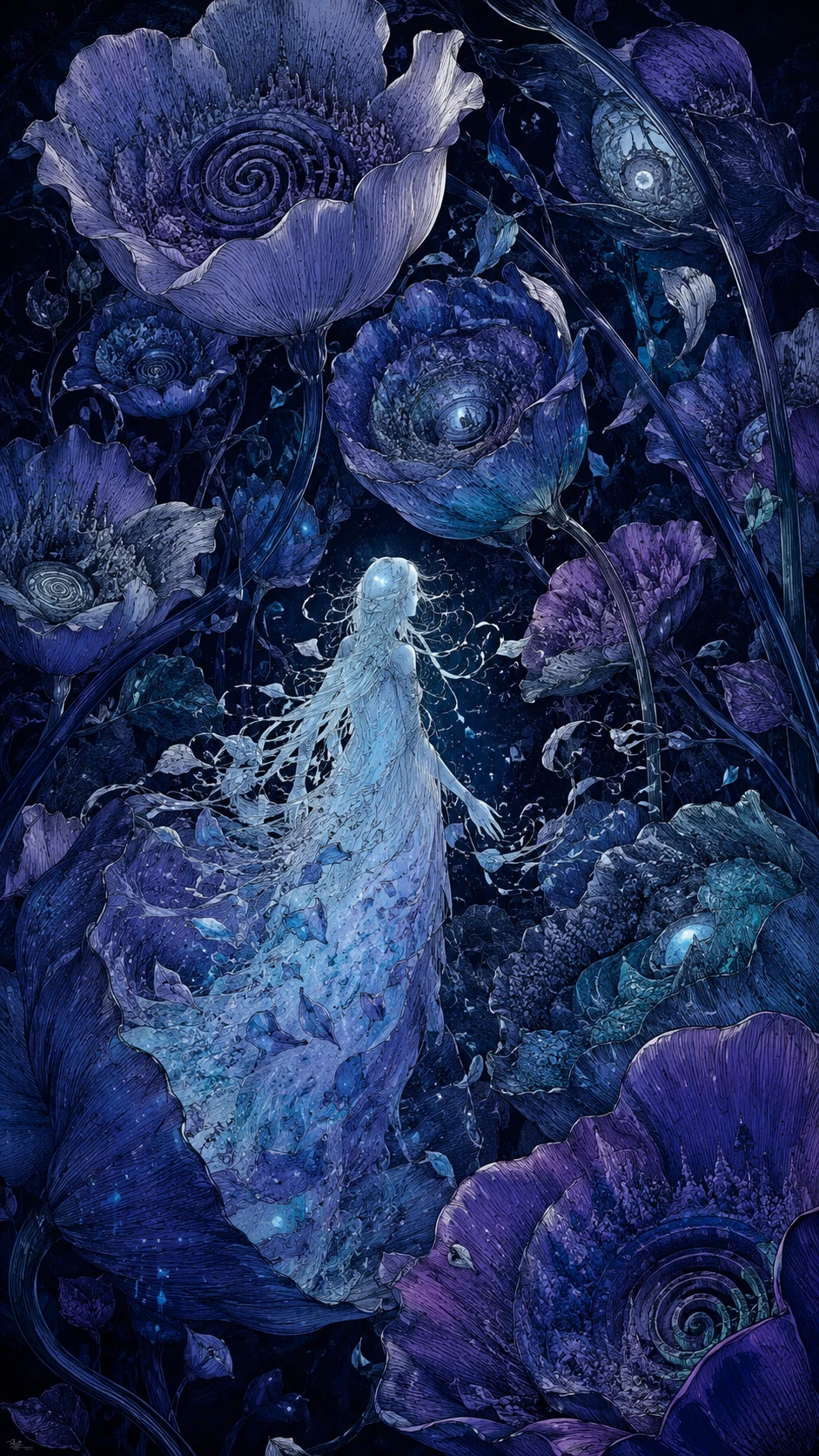 Figura spettrale tra imponenti fiori notturni surreali