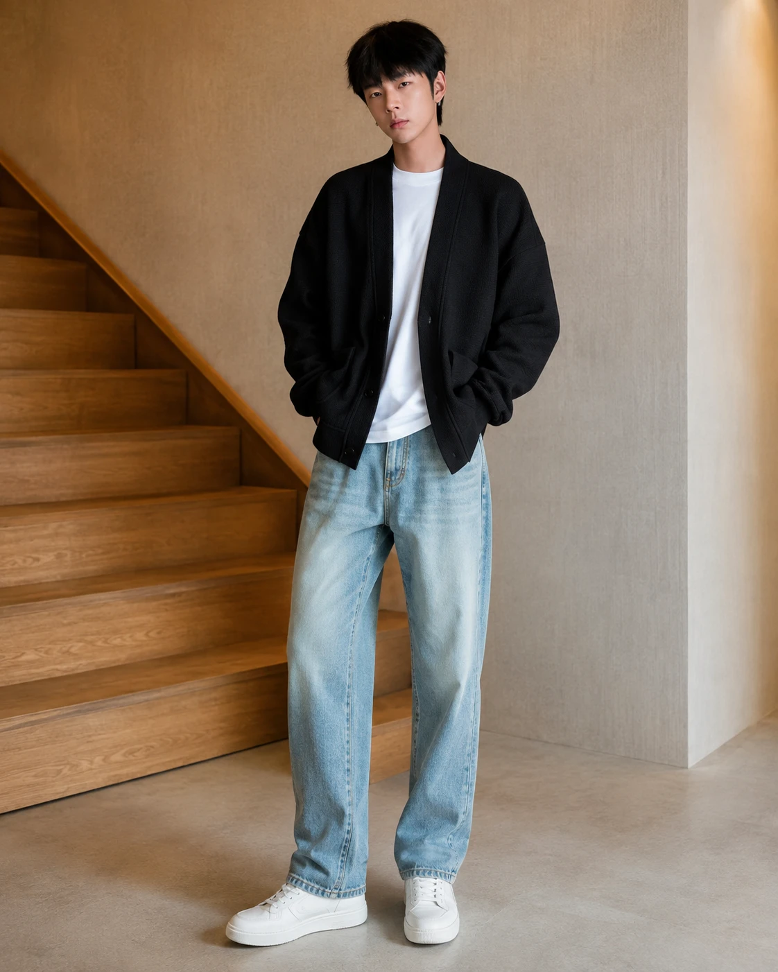 身穿黑色外套與牛仔褲的年輕男模在室內擺姿勢