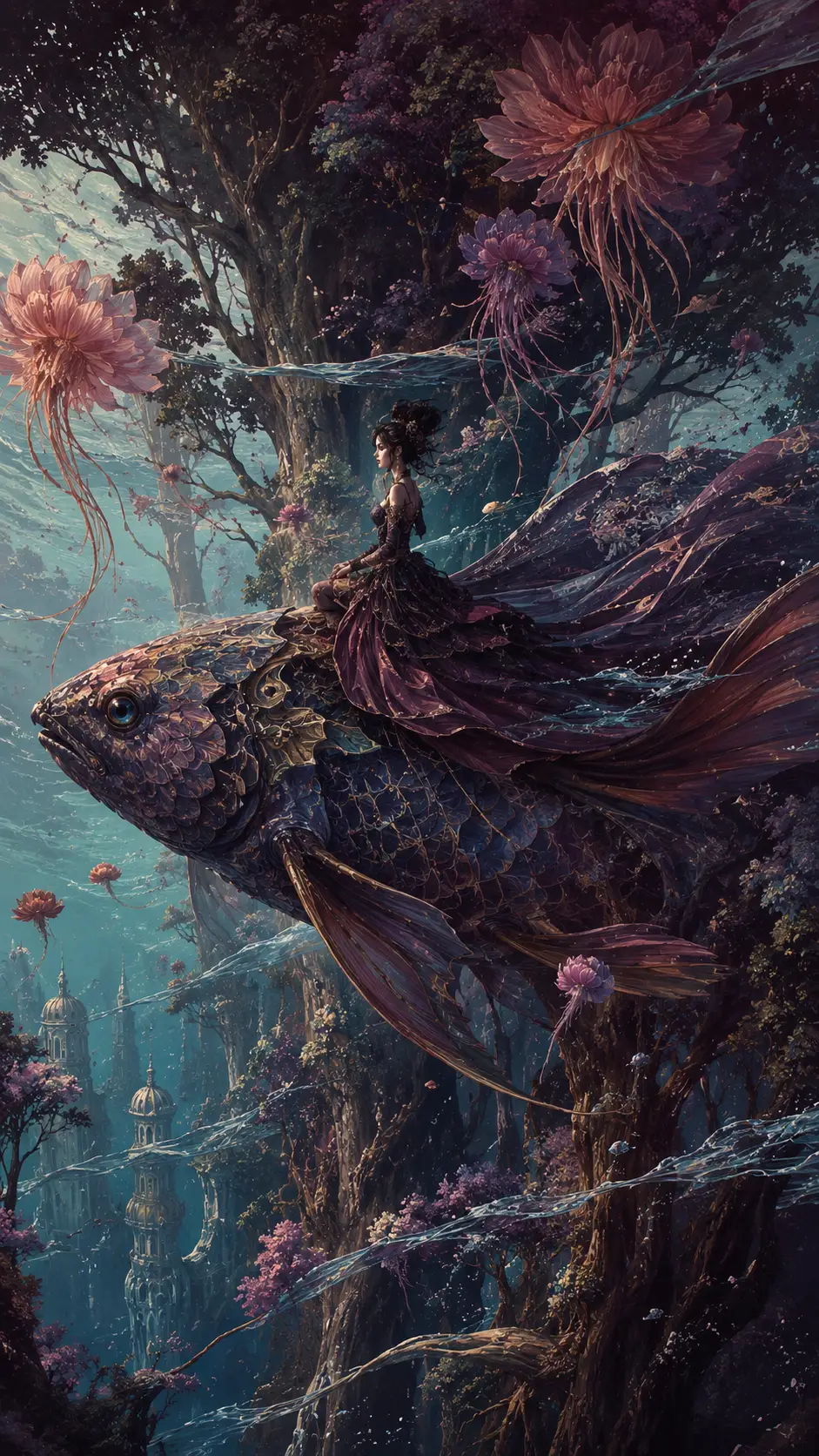 Woman Riding A Giant Fish Through Surreal Forest Waters