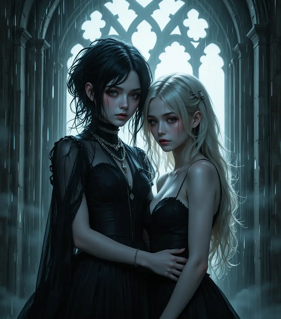 Gothic girls standing in rainlit window glow