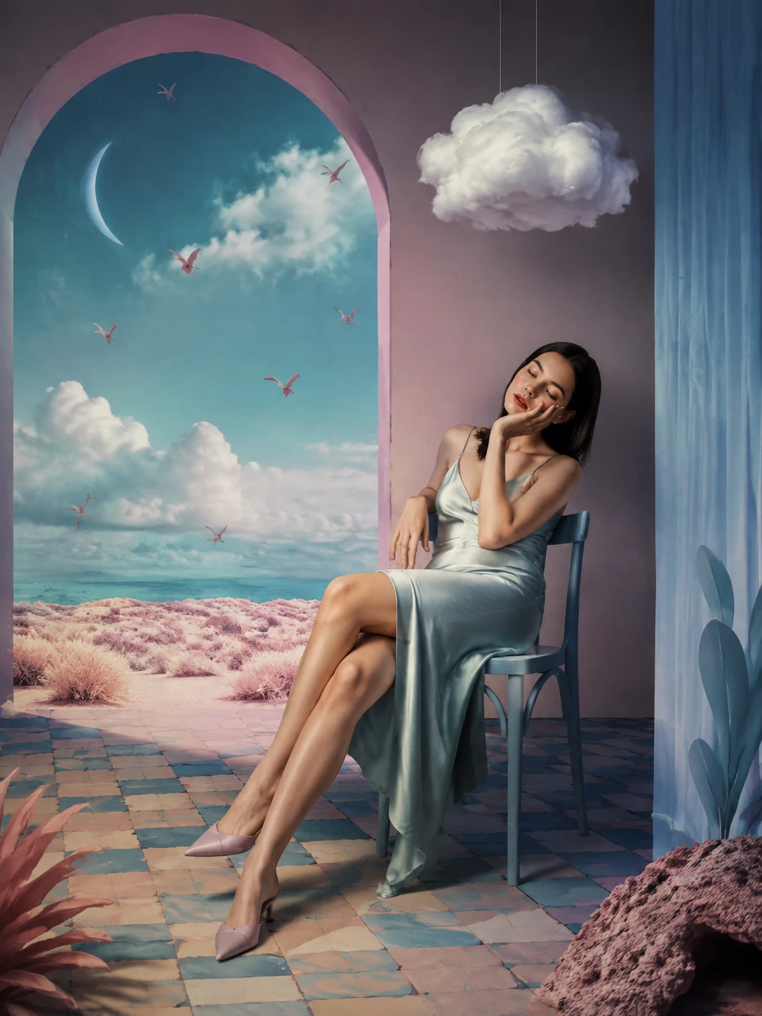 虛擬夢境中美麗少女的超現實人像
