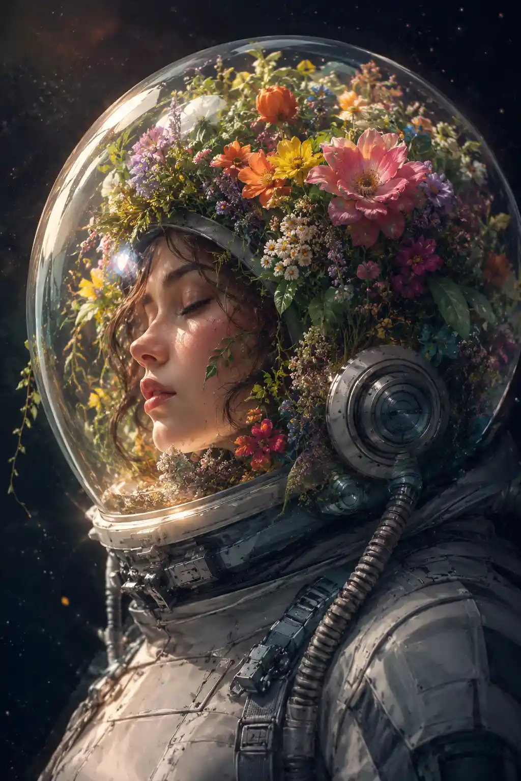 透明圓頂下戴花卉未來頭盔的女子