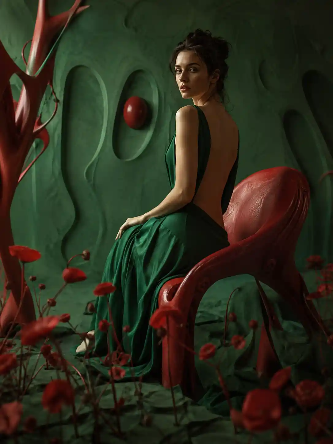 Surreal portrait of a beautiful woman in a theatrical world
