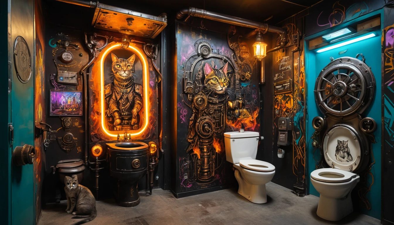 Woman Riding A Flaming Metal Cat In Neon Steampunk Dreamscape