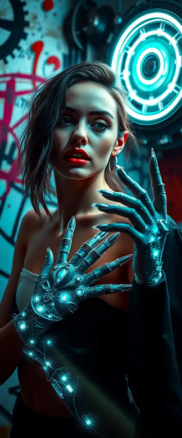 Close up fashion model showing nails in neon studio
