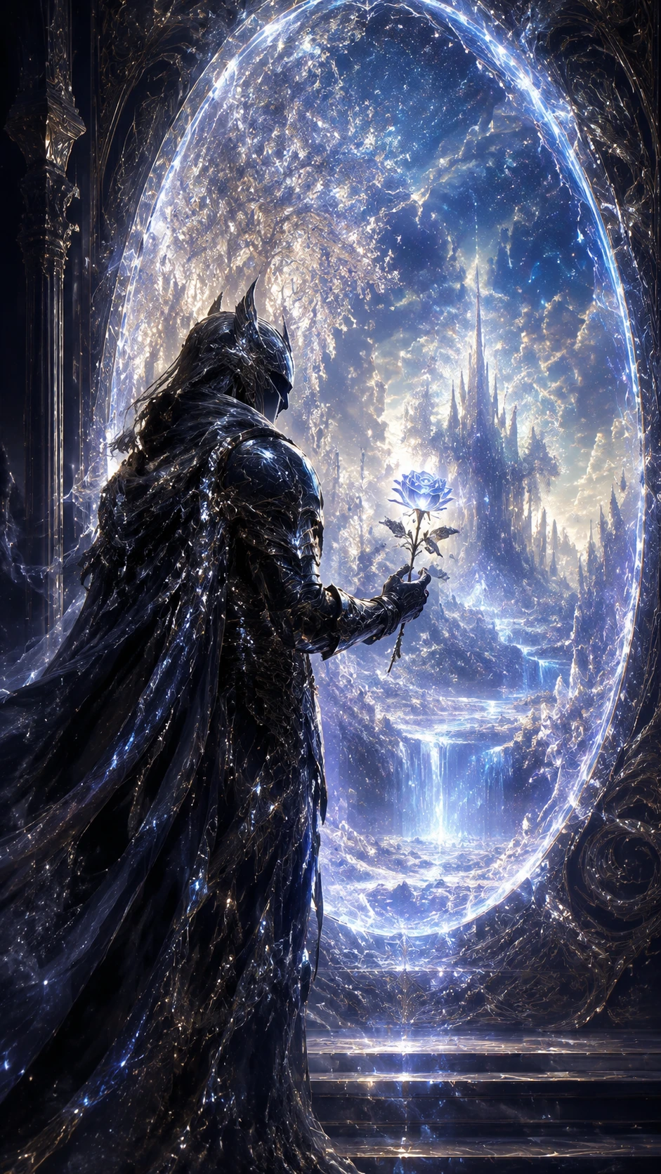 在發光傳送門前捧著星光玫瑰的重甲騎士