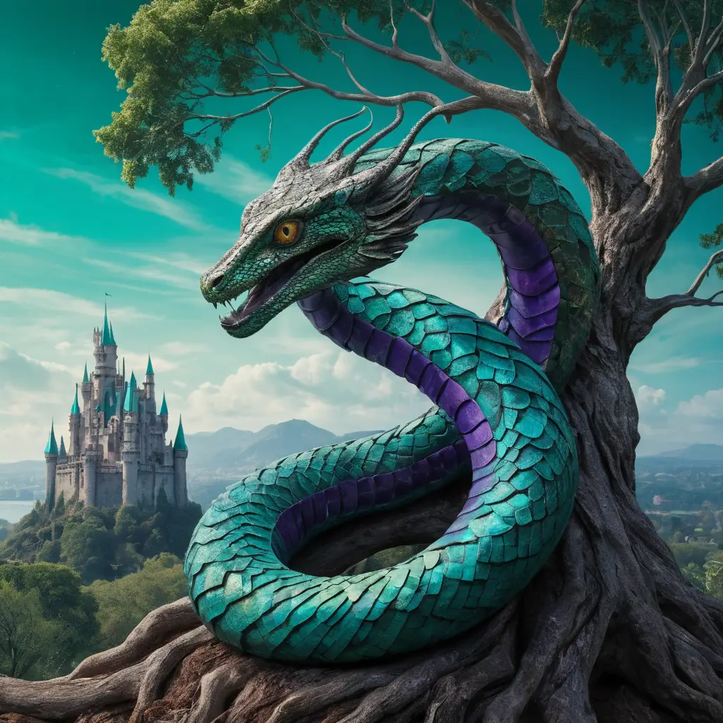 Serpent majestueux enroulé autour d’un ancien arbre mystique