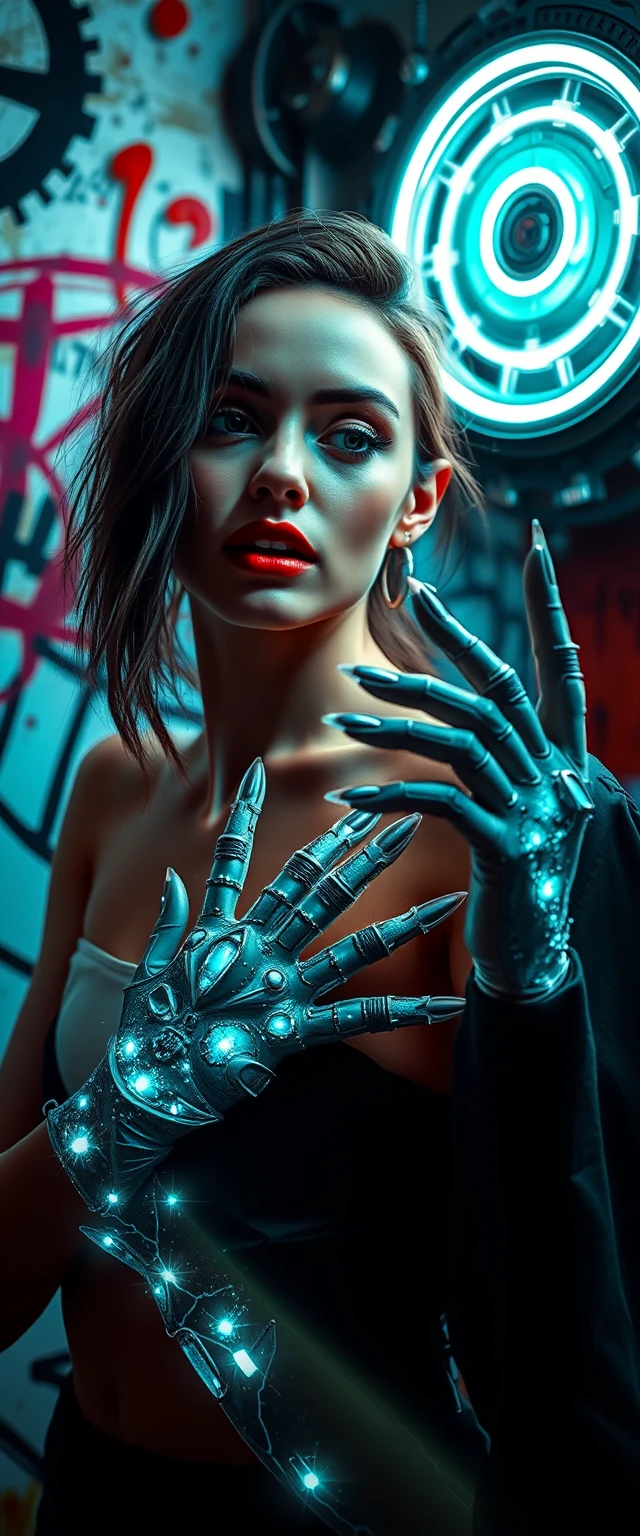 Close up fashion model showing nails in neon studio
