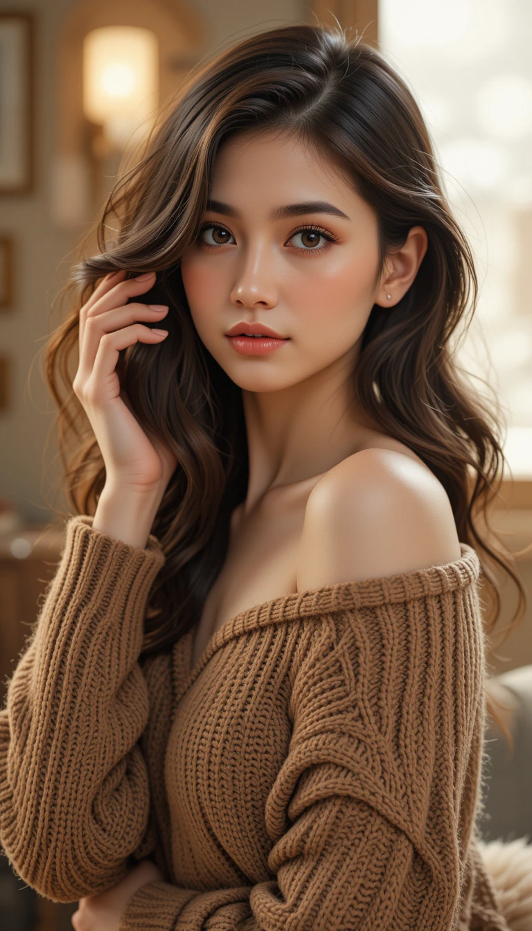 穿著寬鬆針織毛衣女子的溫暖肖像