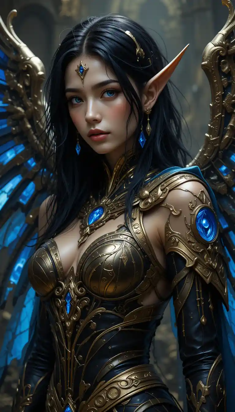 Golden and black aasimar artificer with glowing blue forearm runes