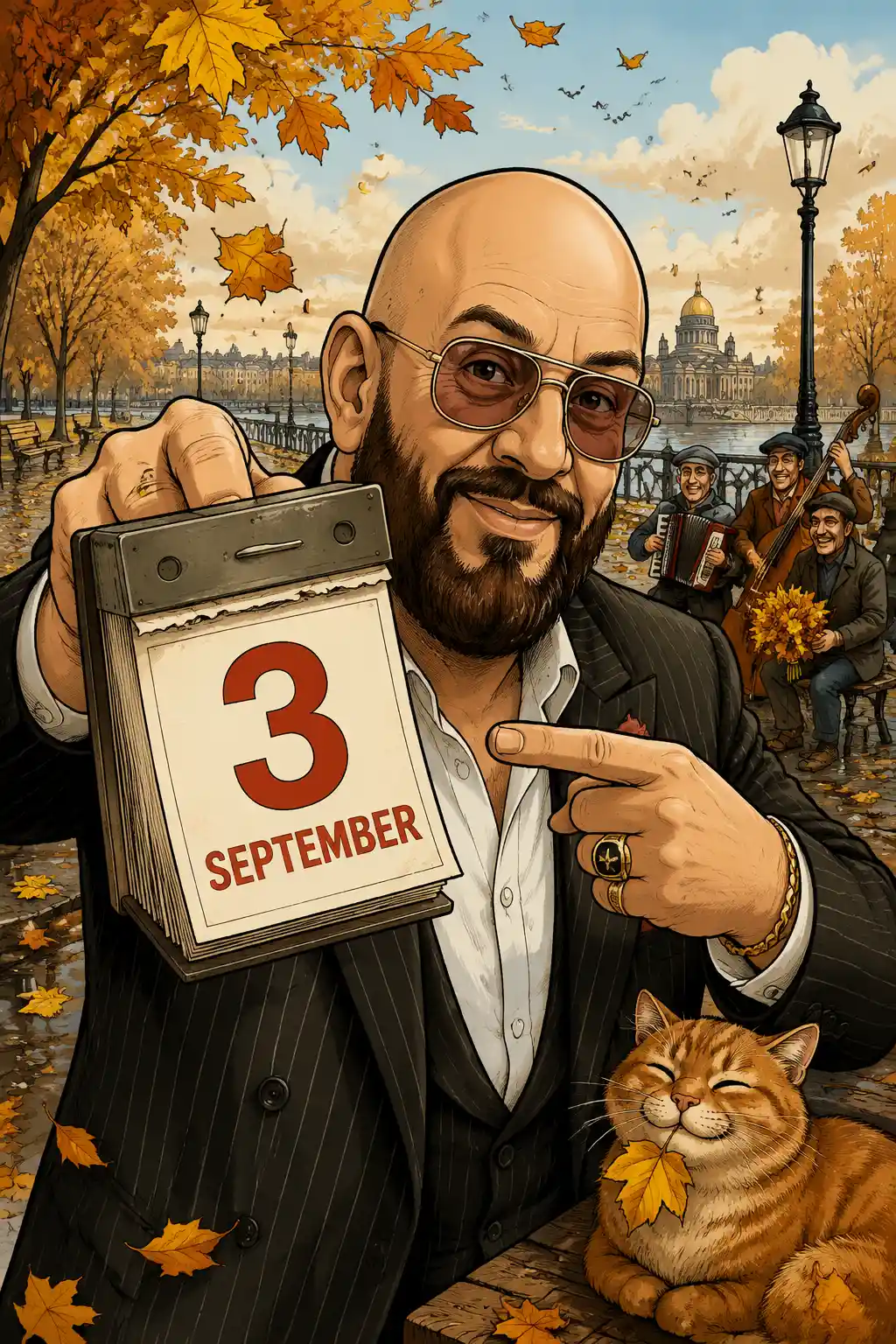 Homem barbudo de óculos segurando um calendário de 3 de setembro