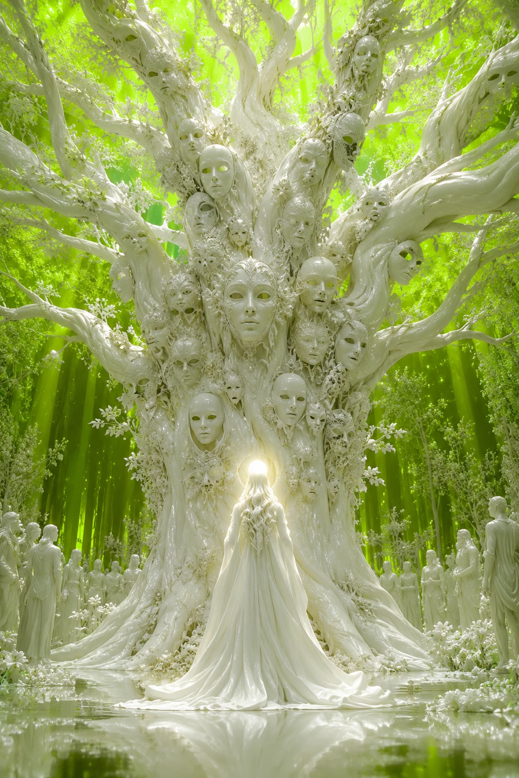 Weiße Skulpturengestalt vor einem kolossalen surrealen Maskenbaum