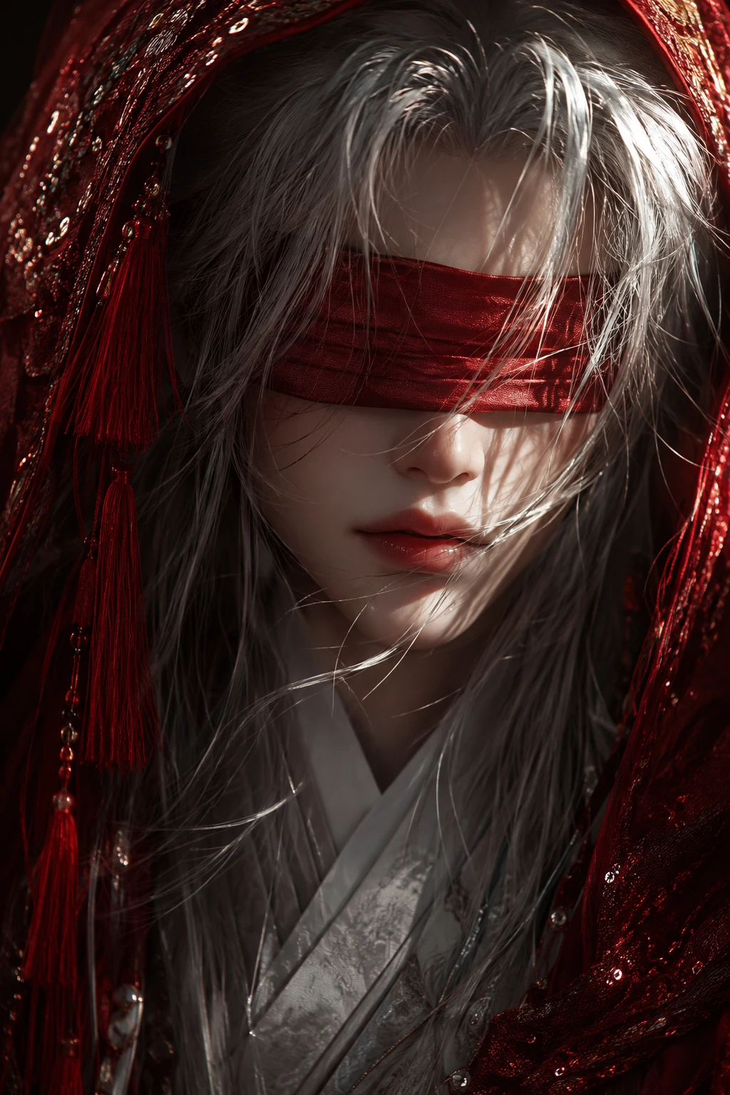 Mystisches androgynes Porträt mit roter Augenbinde und Kapuze