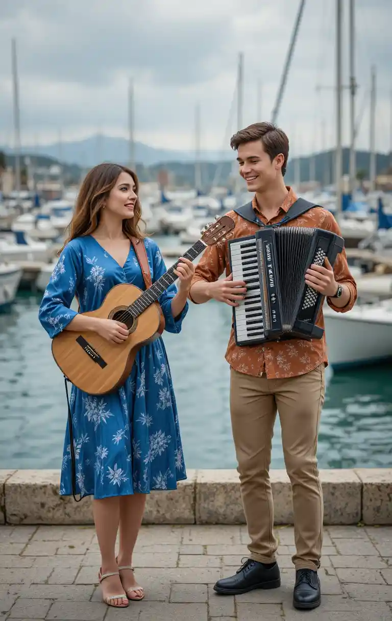 Musician duo performing by boats on a calm marina quay
