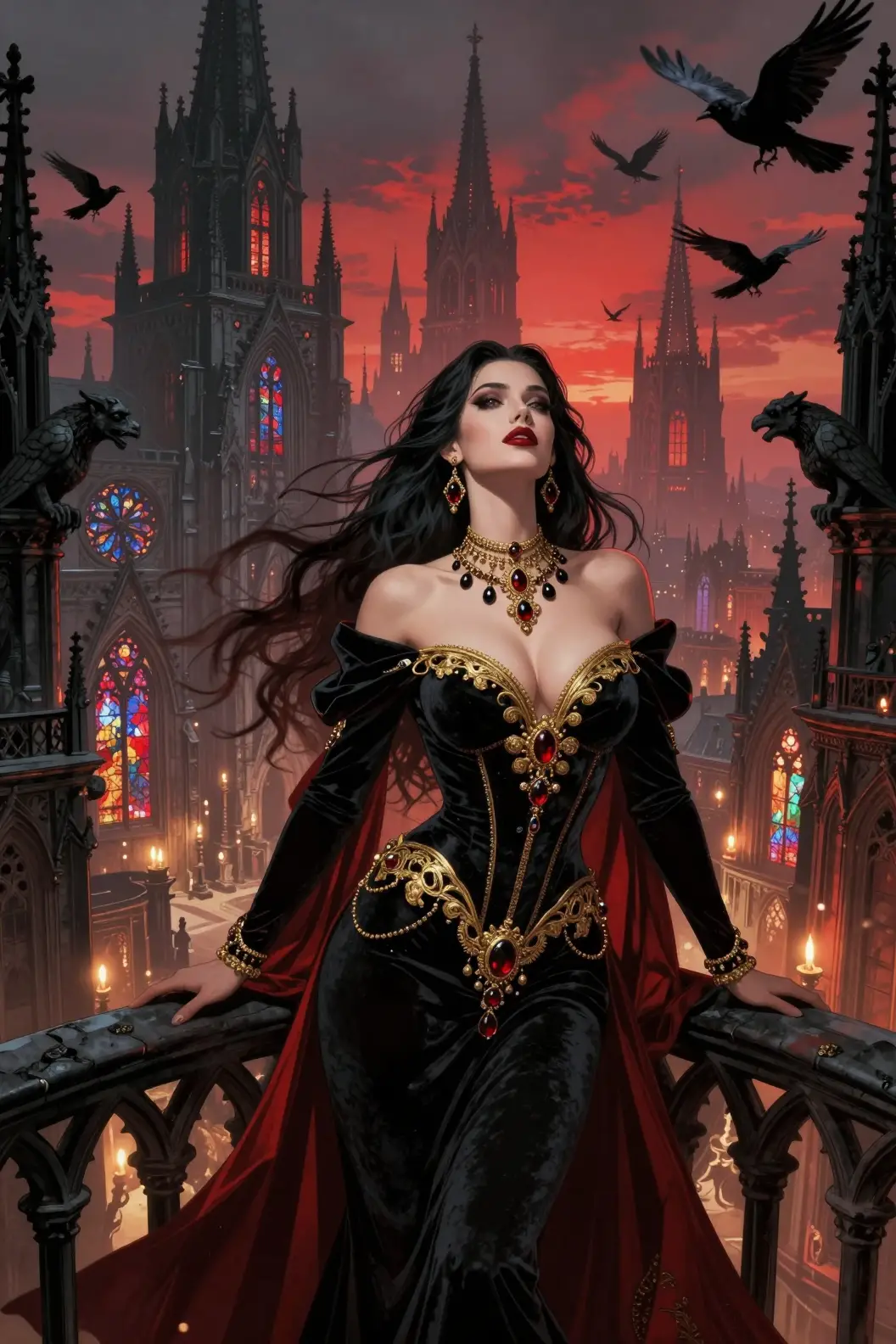 Gothic queen on cathedral balcony above misty city