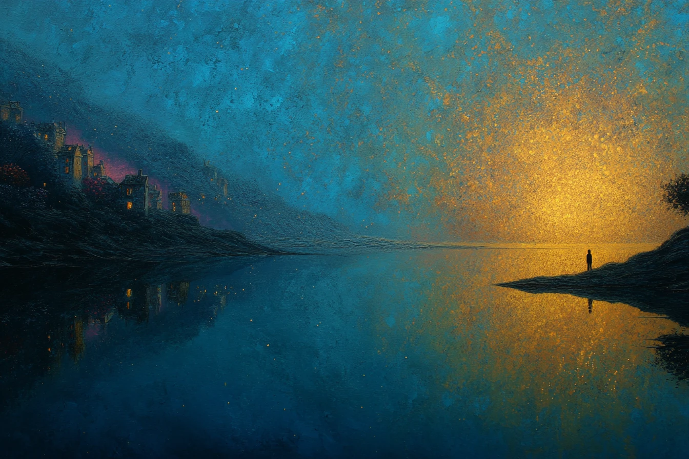 Surrealistische Ölgemälde-Heartscape in tiefem Indigo und warmen Goldtönen