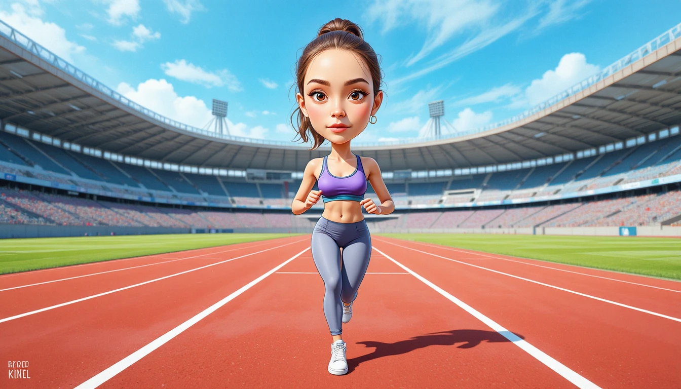 年輕運動女性在明亮的體育場跑道上奔跑