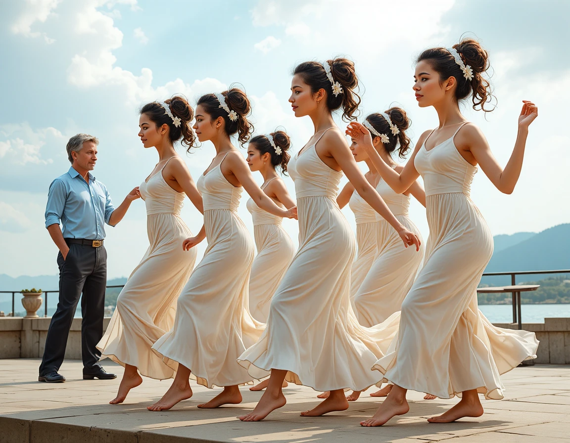 Young women dancing in white greek style dresses outdoors