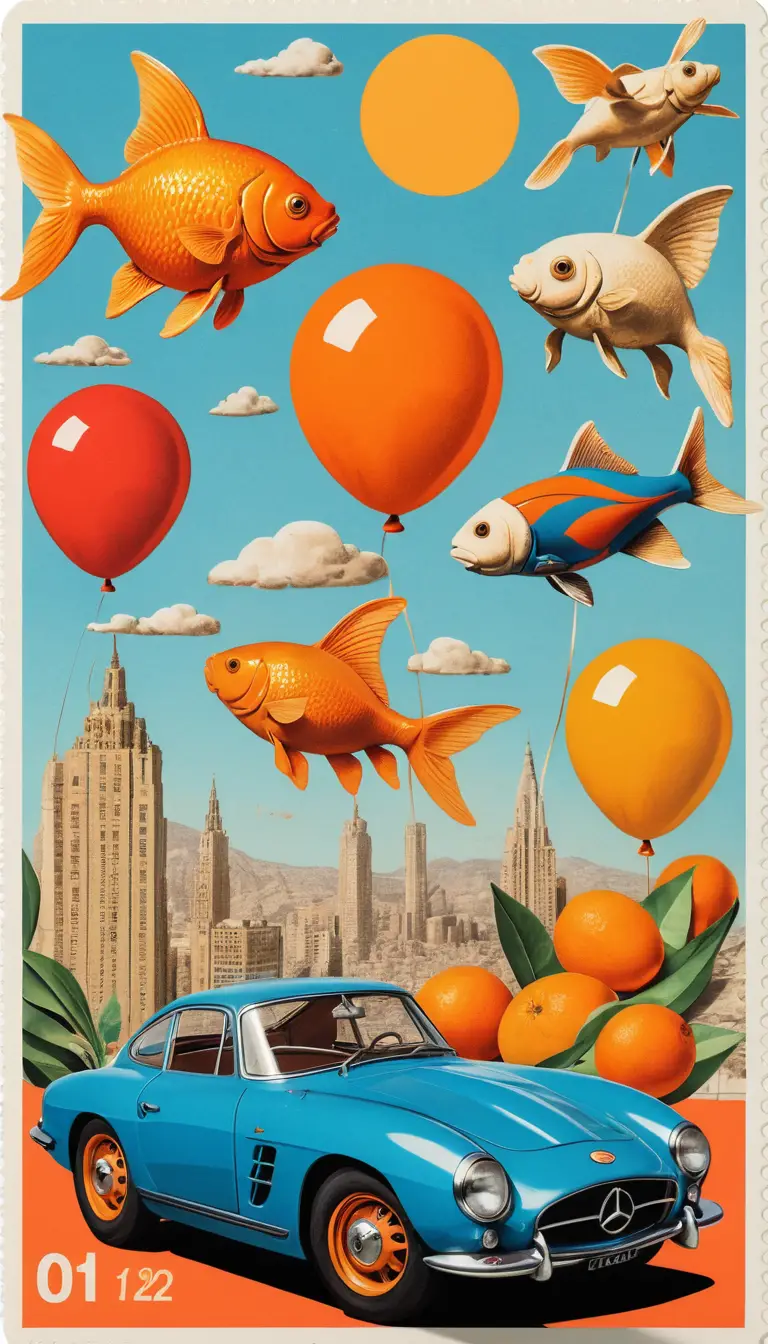 Collage vibrant en techniques mixtes avec des objets surréalistes et ludiques