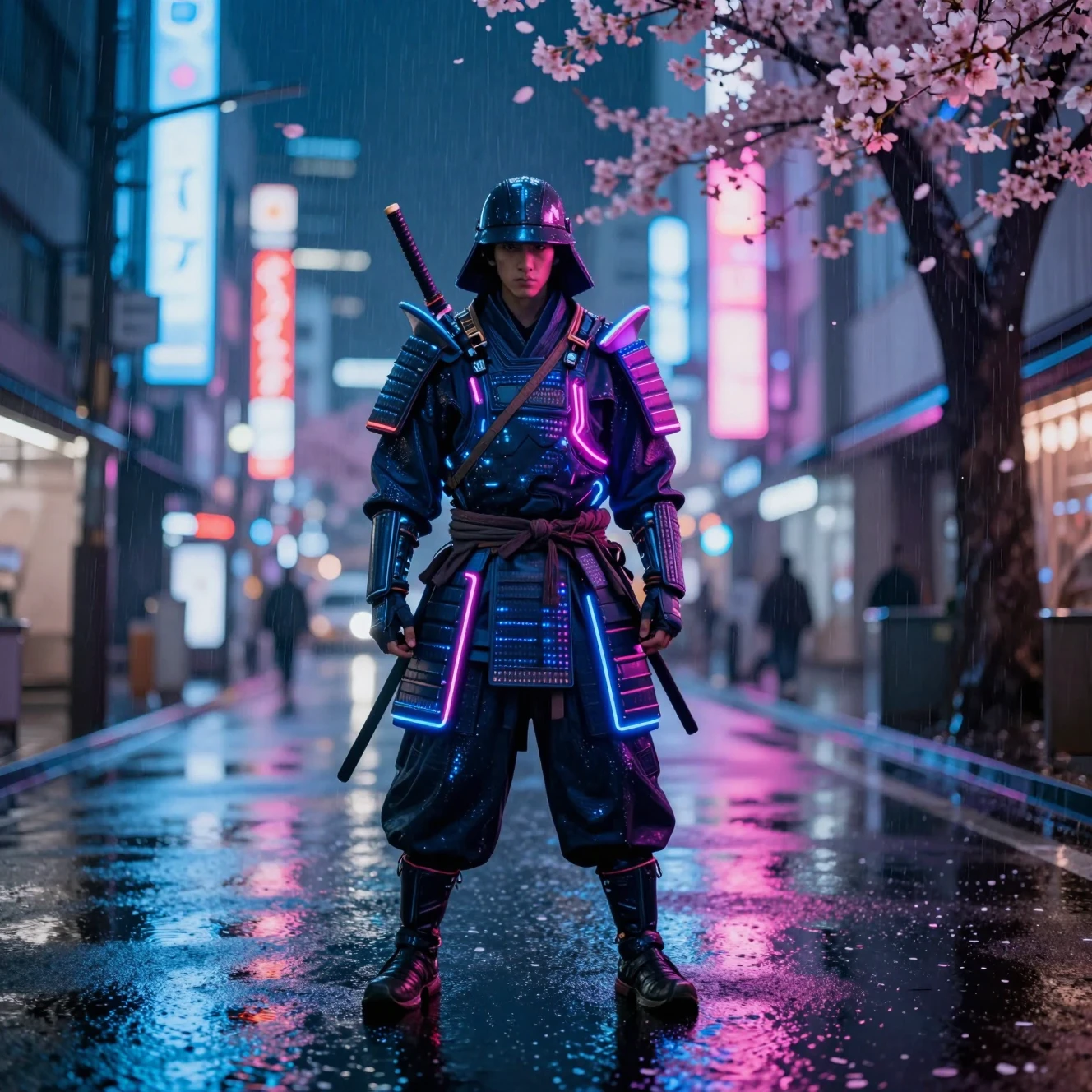 午夜雨中東京街頭的霓虹賽博武士