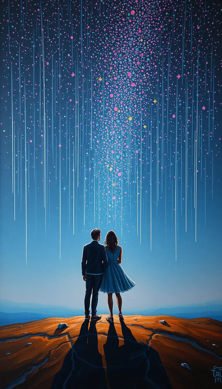 Couple beneath a star filled night sky in textured impasto