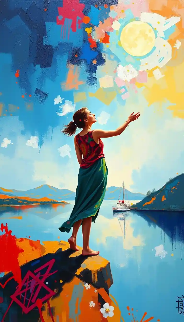 Giovane donna che guarda il cielo sulla riva di un lago al crepuscolo