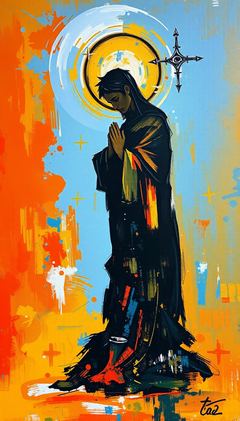 Semi figurative sacred painting with dissolving human profiles