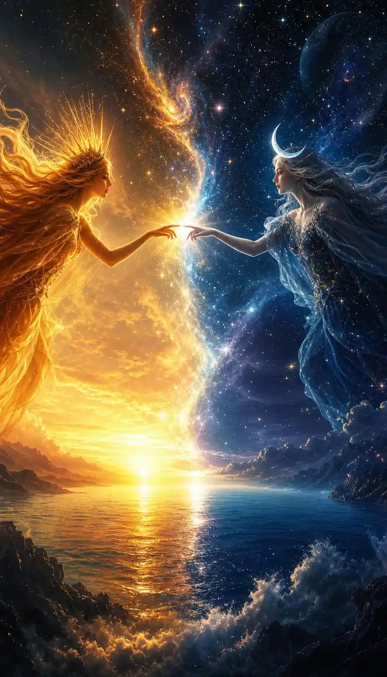 Sole e Luna che si Sfiorano in un Cielo Cosmico