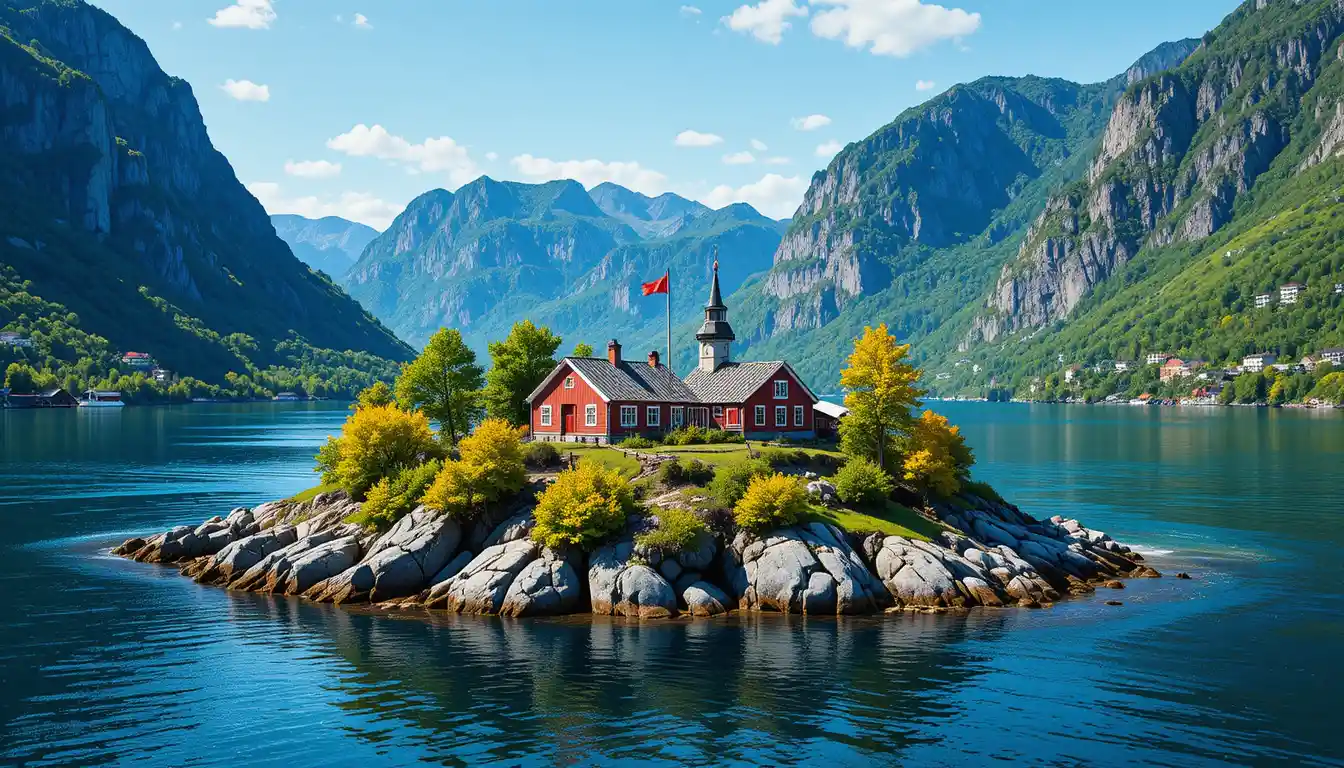 Case rosse su una piccola isola in un fiordo norvegese
