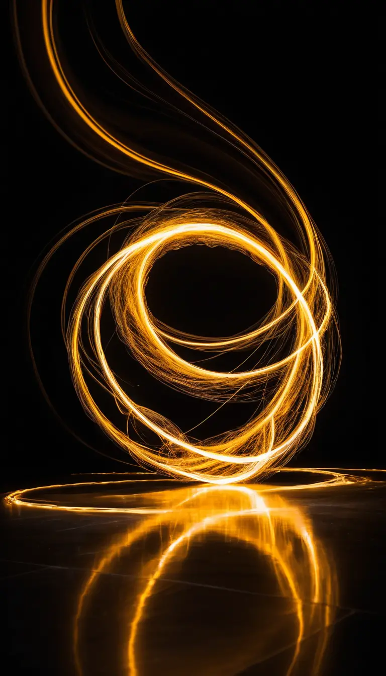 Traînées de lumière dorée tourbillonnant au‑dessus d’une main réfléchissante