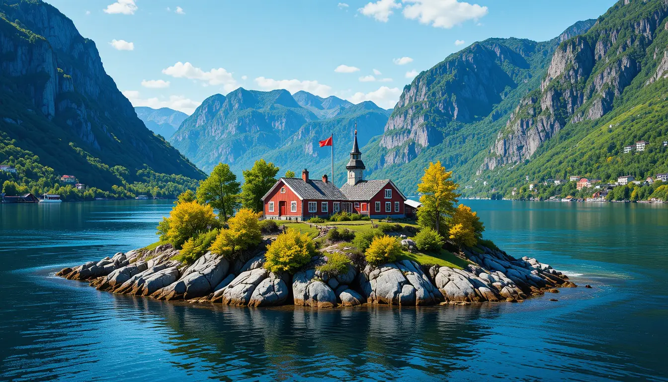 Red houses on a small island in a Norwegian fjord