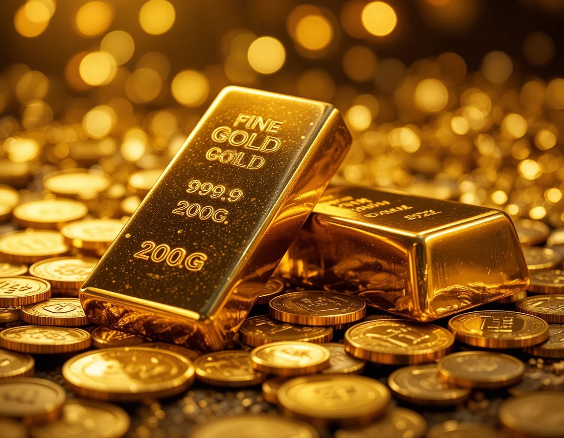 Shiny Gold Bars And Coins In Luxurious Close Up