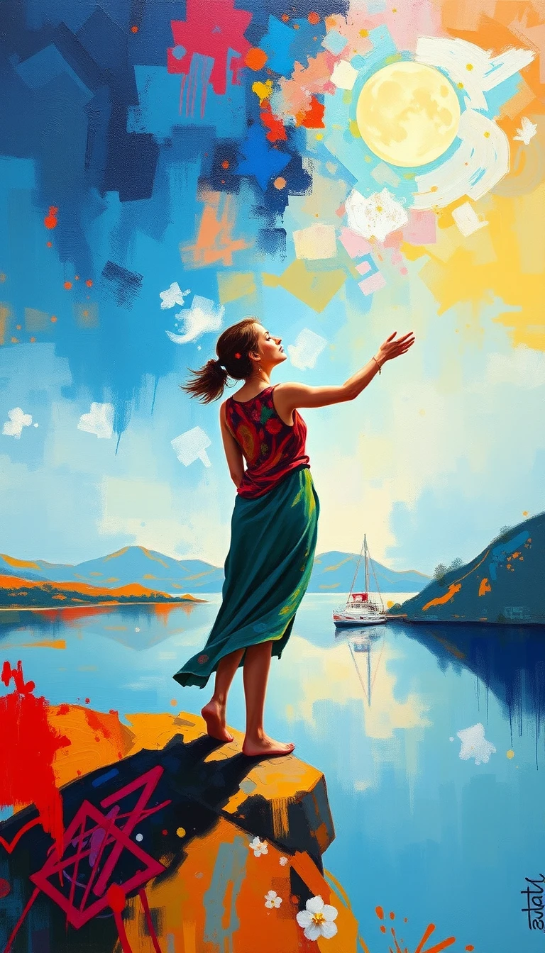 Giovane donna che guarda il cielo sulla riva di un lago al crepuscolo