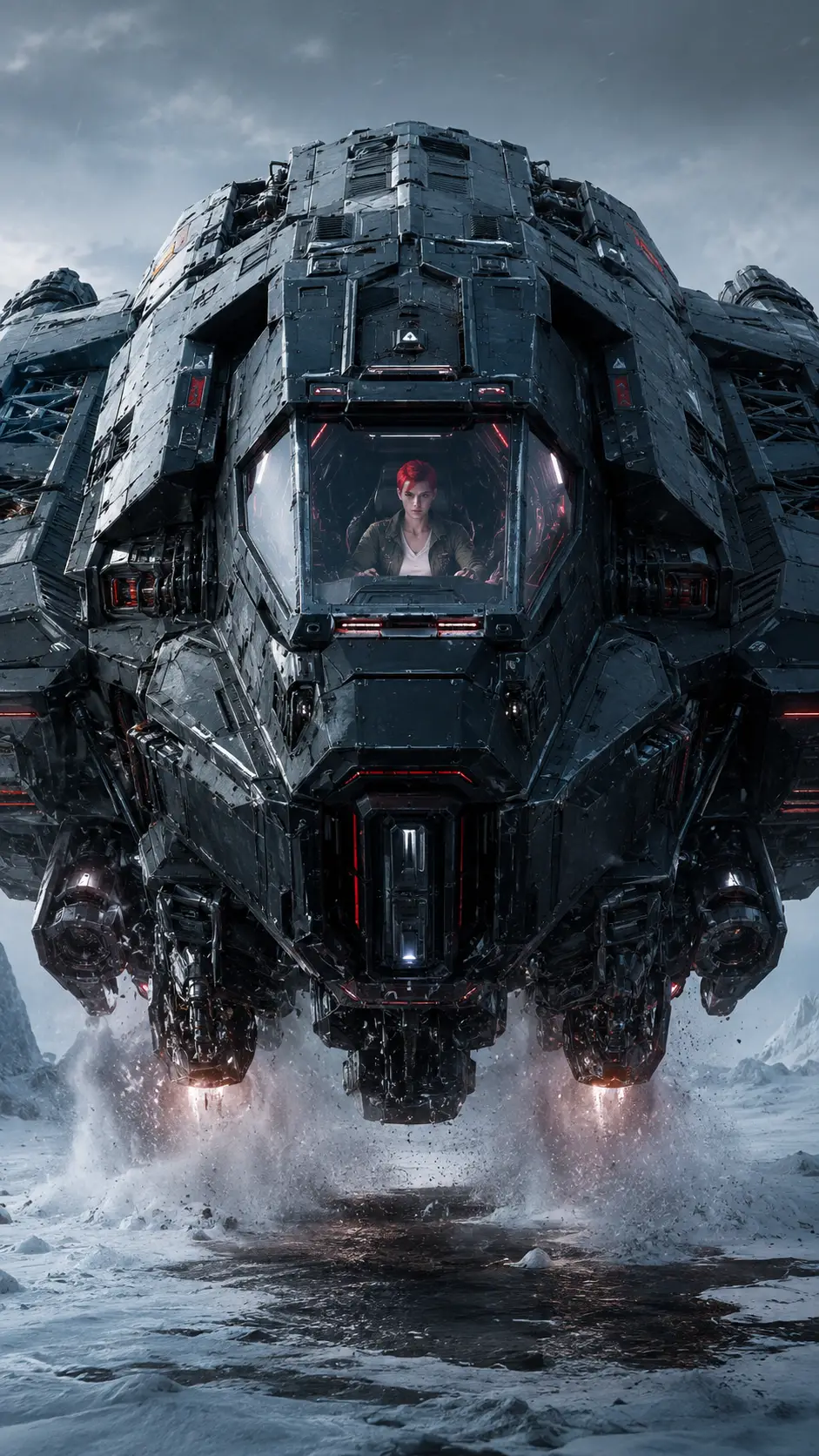 Sci fi spacecraft hovering low over a winter snowfield
