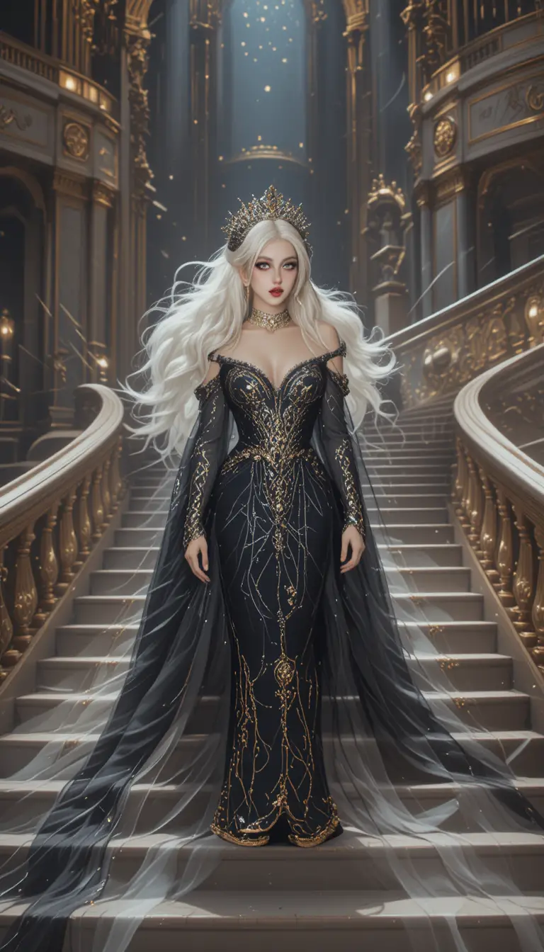 Majestic empress on a grand staircase in a throne room