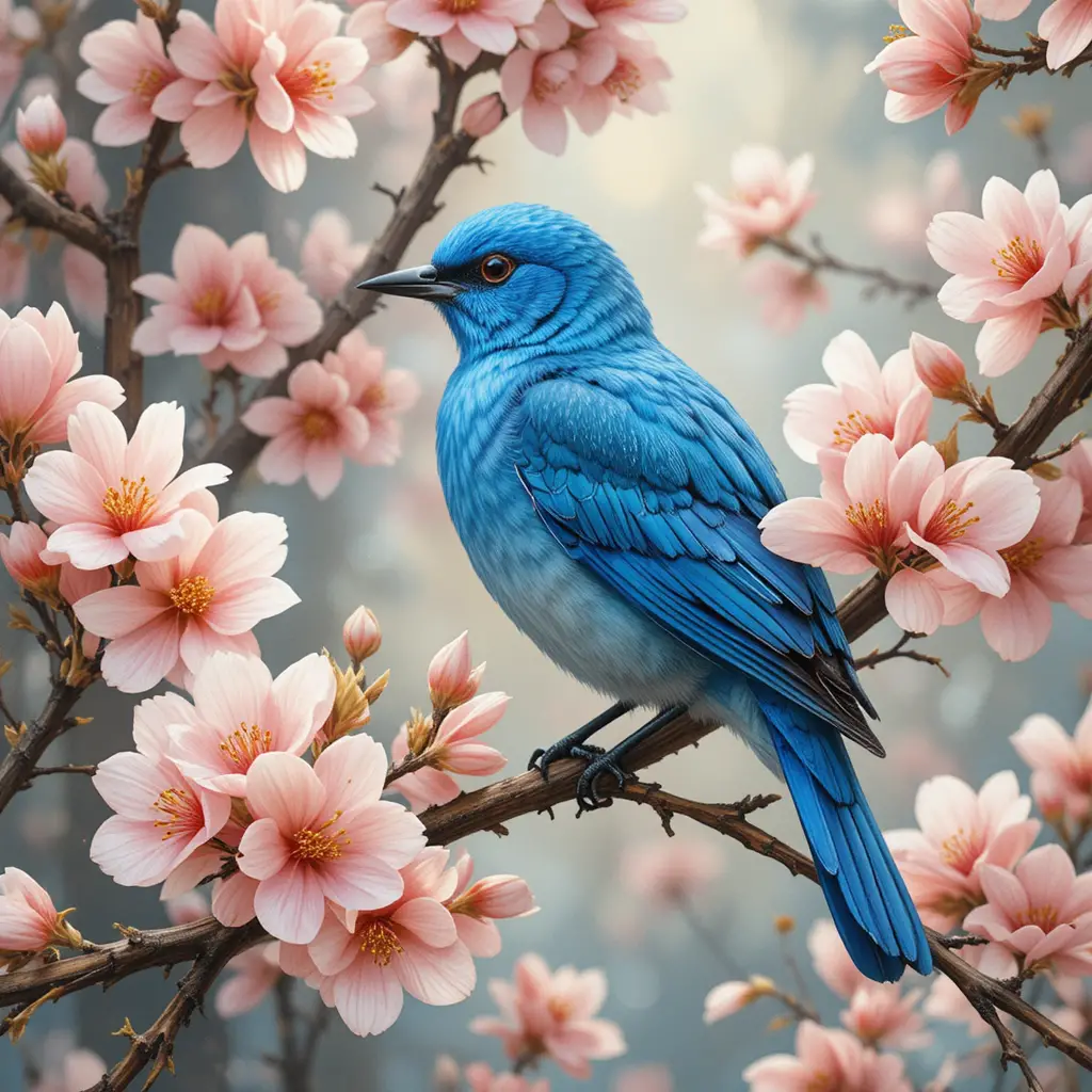 Bluebird on blooming peach tree in dreamy watercolor style