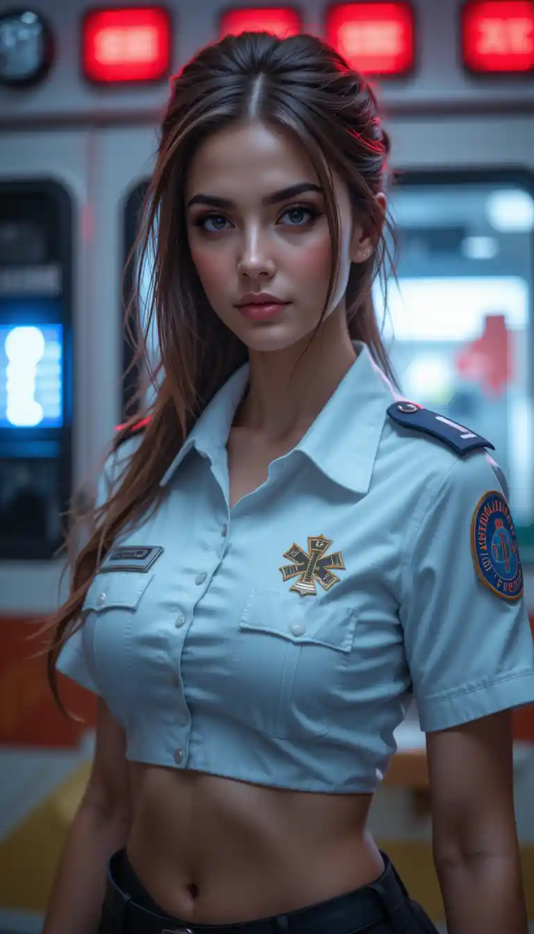 Female paramedic posing in front of ambulance at night