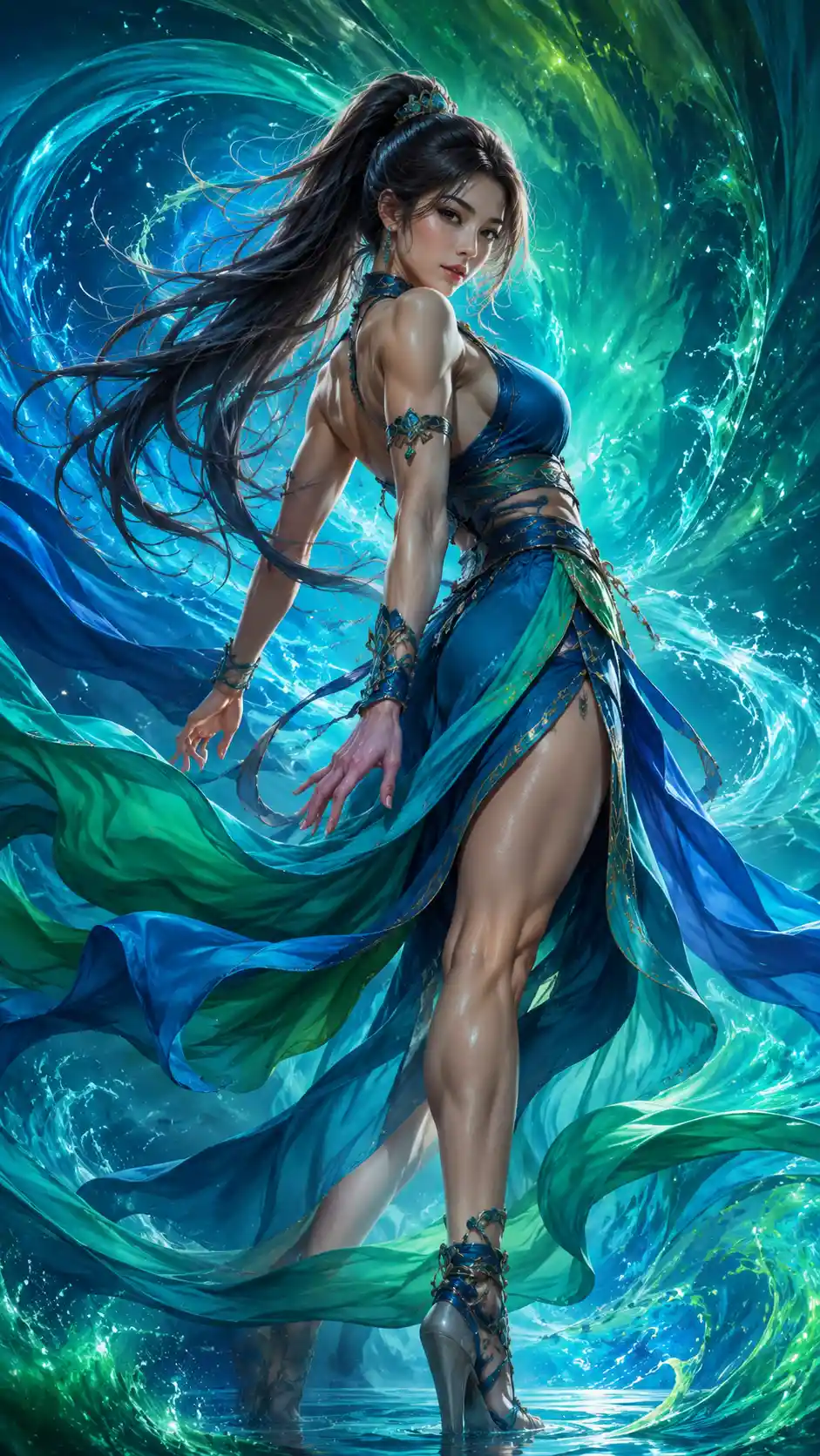 穿著藍綠色水鴨色洋裝的健美女子