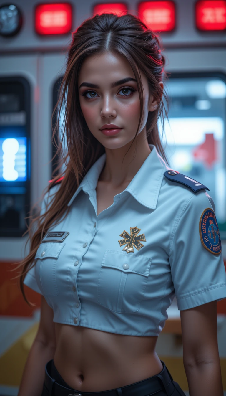 Femme ambulancière posant devant une ambulance de nuit
