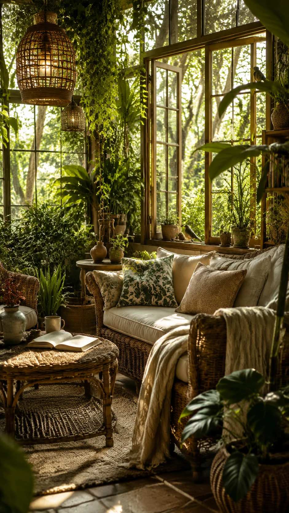 Cozy living room filled with lush indoor plants
