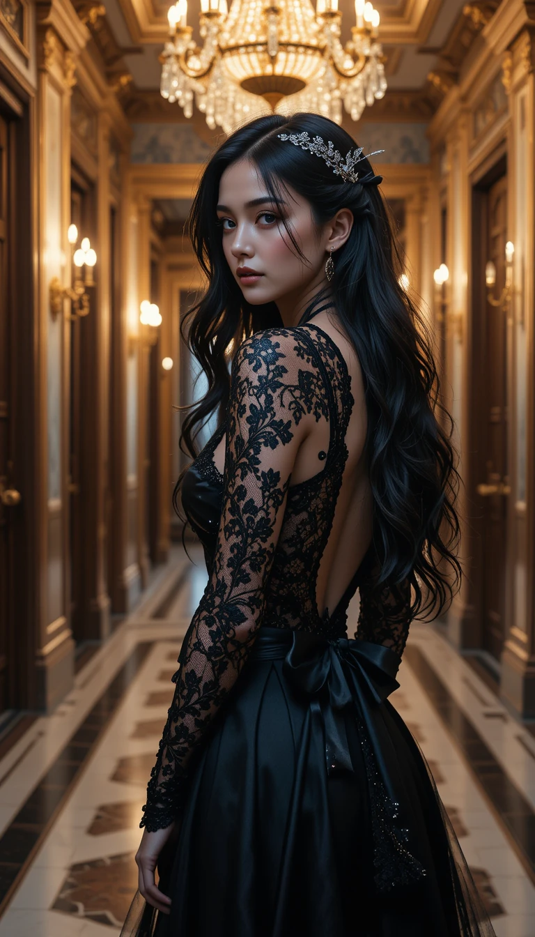 Mystérieuse femme gothique dans un luxueux couloir aux lustres