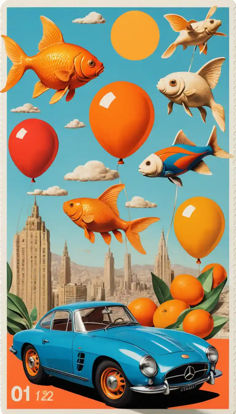 Lebendige Mixed-Media-Collage mit verspielten surrealen Objekten