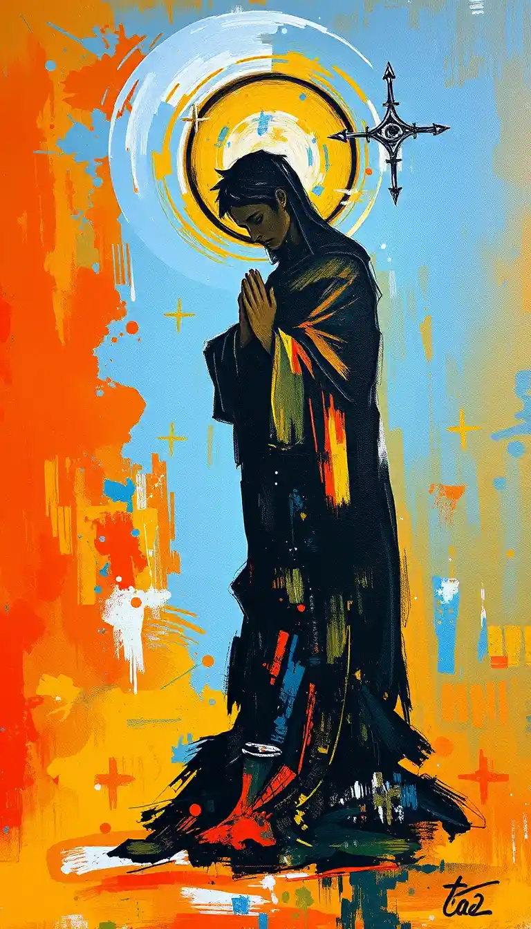 Semi figurative sacred painting with dissolving human profiles