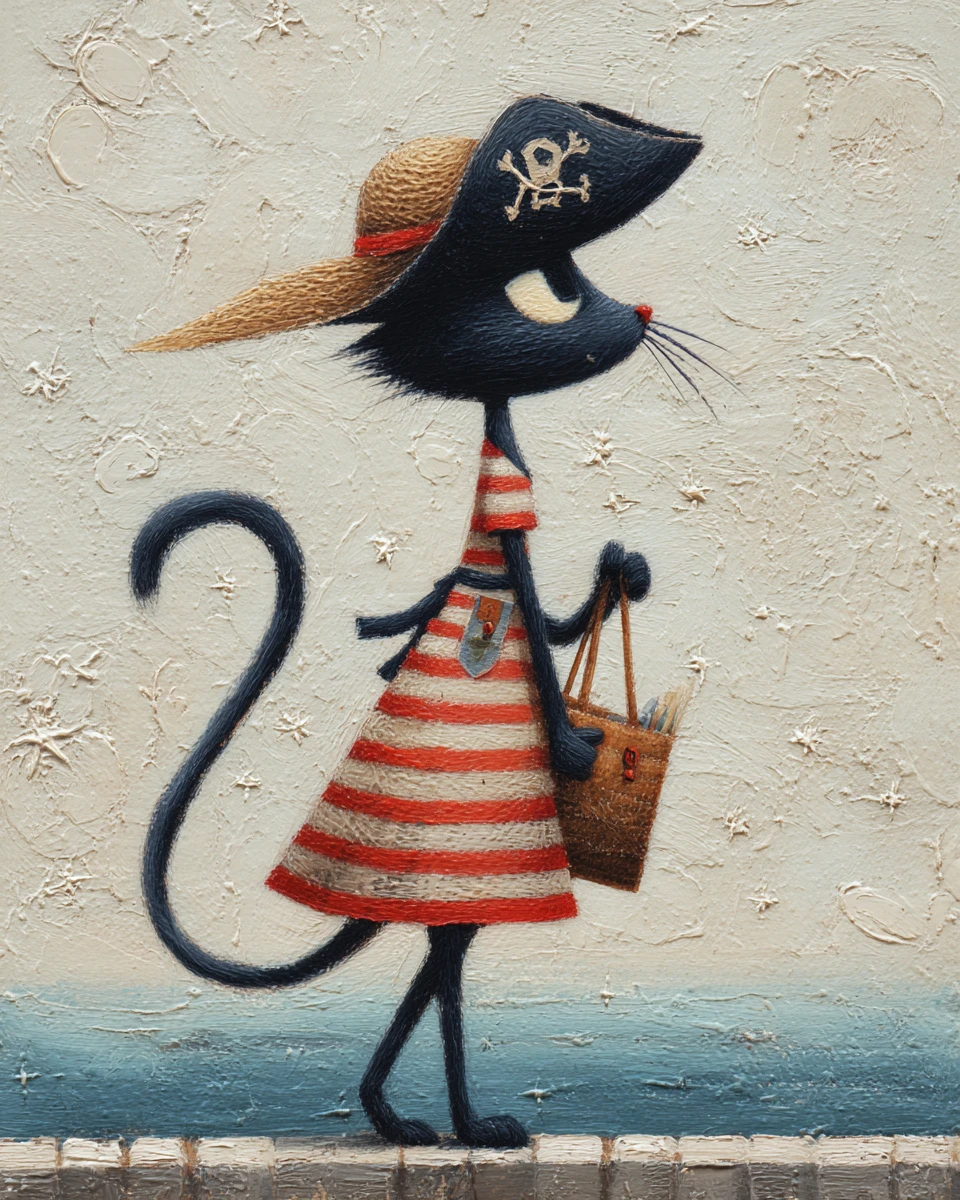 Élégante chatte pirate en robe rayée au bord de la mer